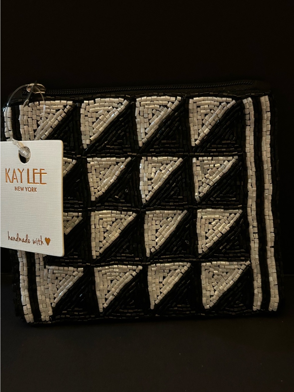 Kay Lee Black & White Hand Beaded Top Zip Clutch Card Holder Coin Pouch Wallet